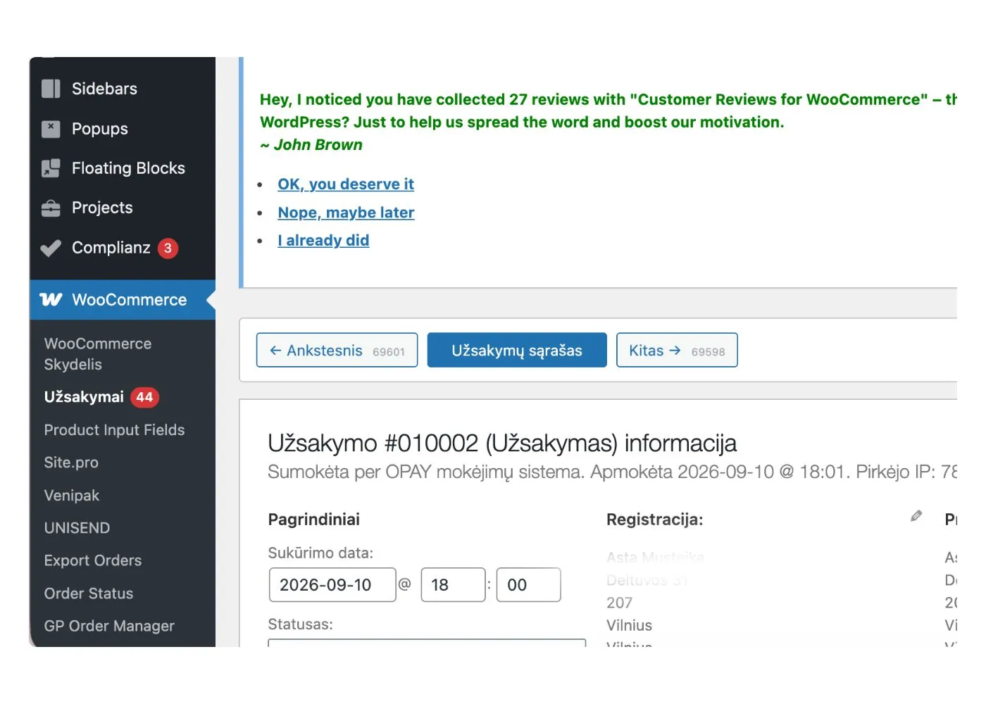 Atidarytame užsakyme GP Order Manager rodo ankstesnio ir kito užsakymo navigaciją bei leidžia grįžti į tą patį filtruotą užsakymų sąrašą.